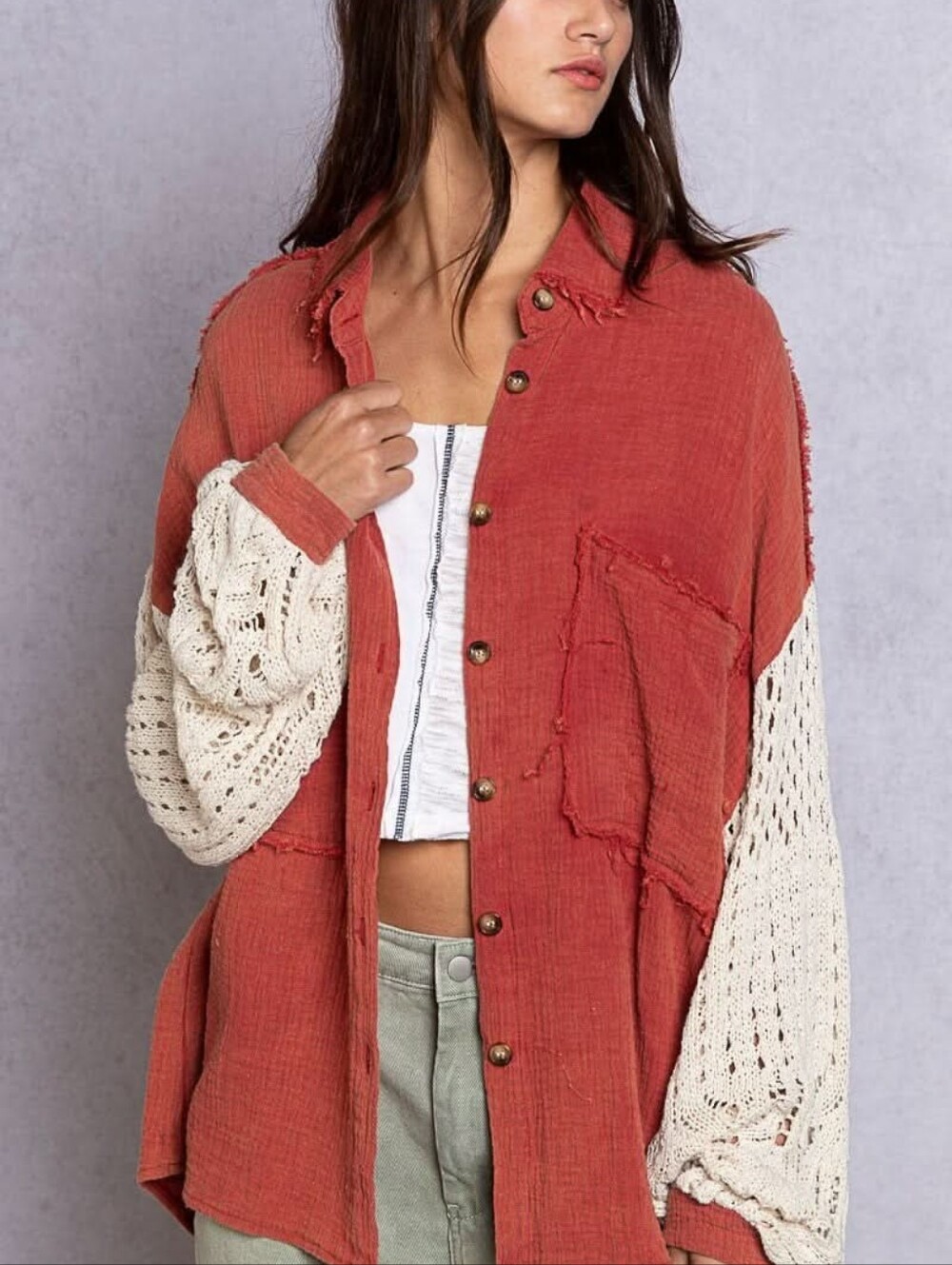 POL Gauze Shacket with crochet sleeves, Dusty Red, Medium